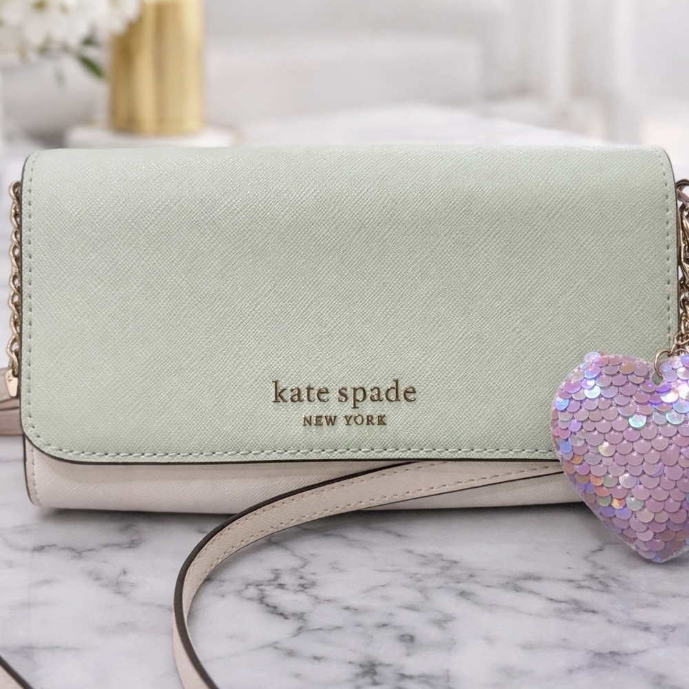 🌸:Kate Spade New York Mint Green Crossbody Wallet + Sparkly Heart Keychain – N